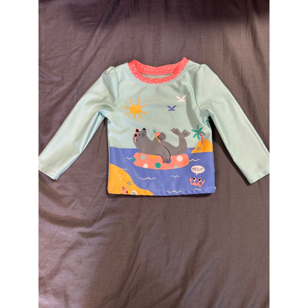 Cat & Jack Girls Seal Beach Rash Guard Swim Shirt Blue Pink 18M